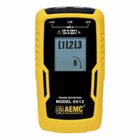 AEMC INSTRUMENTS Phase Sequence and Motor Rotation Tester: 15 Hz to 400 Hz, 40 V to 850 V, Digital (MPN 6612). Key specifications — Circuit Connection Type: Test Leads; Brand: AEMC INSTRUMENTS; CAT Safety Rating: CAT IV 600V.