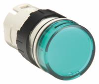 SCHNEIDER ELECTRIC Pilot Light Head: 16 mm Panel Mounting Hole Dia, Green, Smooth, LED, XB5 Series (MPN ZB6AV3). Key specifications — Brand: SCHNEIDER; Compatible Lamp Module Type: Integral LED Module; Compatible with Series: XB5.