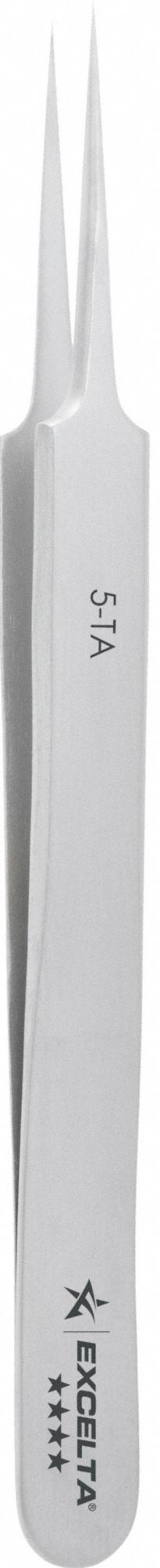 EXCELTA Tweezers: Titanium, Point, Straight Tip, 0.003 in Tip Thick (MPN 5-TA). Key specifications — attr1002355: Titanium; attr1002345: EXCELTA; attr1002348: Titanium; attr1002358: Smooth; attr1002361: 5-TA; attr1024781: Standard.