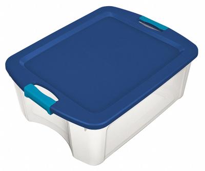 STERILITE Storage Tote: 18 gal, 23 5/8 in x 18 5/8 in x 13 5/8 in, Clear Body, Blue Lid - Clearview Totes with Latch-On Lids