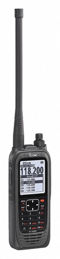ICOM Handheld Two-Way Radio: Aviation, VHF, Analog, 6 W, 300 Channels, Alphanumeric, A25, 10 hr (MPN A25C 86 USA). Key specifications — Minimum Frequency: 118 MHz (Transmitter); Display Type: Alphanumeric; Maximum Frequency: 136.992 MHz (Receiver); FCC License Required: Yes.