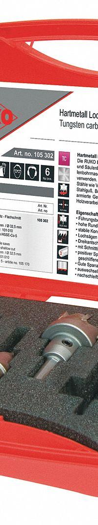 ROTHENBERGER Hole Saw Kit: 6 Pieces, 10 mm Max. Cutting Dp, Carbide Tipped, 2.5 Teeth per Inch (MPN 105302). Key specifications — attr1098178: 2.5; attr1098172: ROTHENBERGER.
