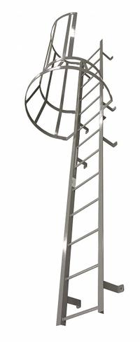 COTTERMAN Fixed Ladder with Safety Cage: 25 ft Overall Ht, 26 in Overall Wd, Steel, 26 Rungs (MPN M26SC L9 C1). Key specifications — Brand: COTTERMAN; Assembly: Assembled; Number of Sections: 4.
