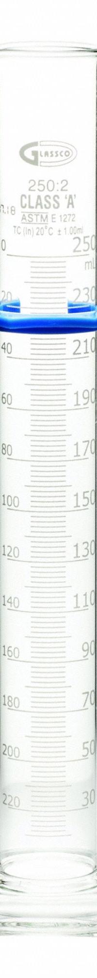 UNITED SCIENTIFIC SUPPLIES INC Graduated Cylinder: 250 mL, A, To Contain (TC), Bumper Included (MPN CY3021-250). Key specifications — ASTM Specification: E1272; Brand: UNITED SCIENTIFIC SUPPLIES INC; USP Specification: Type I; Closure Included: No; Includes: Bumper.