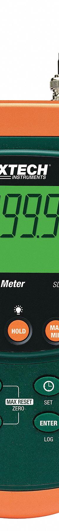 EXTECH Vibration Meter: Vibration, 10 Hz to 1 kHz, 7.87 in/sec Max Velocity Measured, LCD, RS-232 (MPN SDL800). Key specifications — Brand: EXTECH; Accuracy: +/-5% + 2 Digits; Includes: SD Card; Digital Display Screen Type: LCD; Frequency Ranges: 10 Hz to 1 kHz; Certificate of Calibration: Not Included.