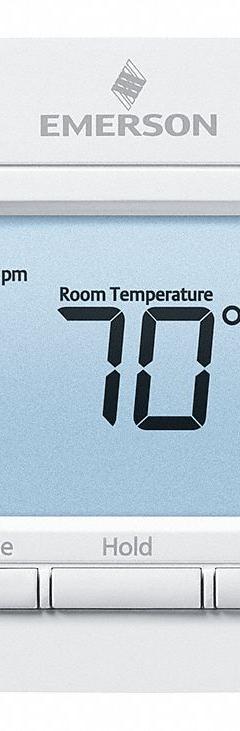 EMERSON Low Voltage Thermostat: Heat and Cool, Manual, C/G/O/B/RC/RH/W/Terminal Designations (MPN 1F83C-11PR). Key specifications — Application: Heat and Cool; Stages: 1H/1C Conventional, 1H/1C Heat Pump; Programming Capability: 5-2; Shape: Rectangle; Terminal Designations: Y; Temperature Control Range: 45° to 99°F; Changeover Type: Manual; Brand: EMERSON.