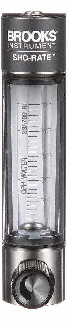 BROOKS Mechanical Flowmeter: Flow Meter, Scale, Variable Area, Panel Mount, Vertical, Liters, FNPT (MPN 1250AD6073WGSVV). Key specifications — Display Type: Scale; O-Ring Material: Viton; Includes Flow Rate Adjustment Knob: Yes; Includes Pressure Guage: No; Mounting Orientation: Vertical; Unit Of Measure: Liters; Brand: BROOKS; Accuracy: +/-5%.
