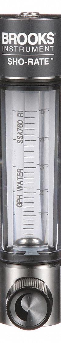 BROOKS Mechanical Flowmeter: Flow Meter, Scale, Variable Area, Panel Mount, Vertical, Liters, FNPT (MPN 1250AD6073WGSVV). Key specifications — Display Type: Scale; O-Ring Material: Viton; Includes Flow Rate Adjustment Knob: Yes; Includes Pressure Guage: No; Mounting Orientation: Vertical; Unit Of Measure: Liters; Brand: BROOKS; Accuracy: +/-5%.