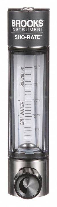 BROOKS Mechanical Flowmeter: Flow Meter, Scale, Variable Area, Panel Mount, Vertical, Liters, FNPT (MPN 1250AD6073WGSVV). Key specifications — Display Type: Scale; O-Ring Material: Viton; Includes Flow Rate Adjustment Knob: Yes; Includes Pressure Guage: No; Mounting Orientation: Vertical; Unit Of Measure: Liters; Brand: BROOKS; Accuracy: +/-5%.