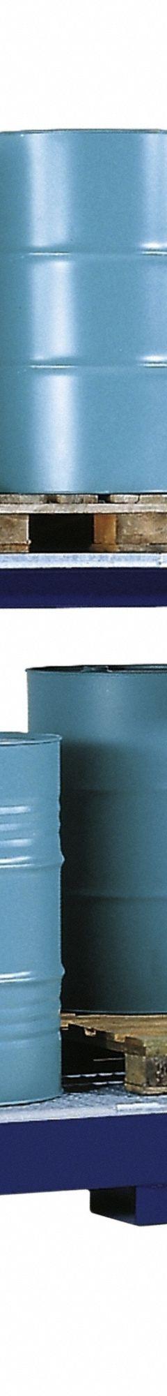 DENIOS Spill Containment Sumps: 54 in x 120 in, For 16 Drums, 2 Levels, 7,500 lb Wt Capacity, Blue (MPN K34-4602). Key specifications — Weight Capacity Per Level: 7,500 lb (Bottom); Color/Finish: Blue; For Drum Capacity: 55 gal; Brand: DENIOS.