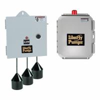 LIBERTY PUMPS Duplex Control Panel: Duplex, Single Phase, 120/208/240V AC, 0 to 14.9 A, Tether Float (MPN AE21L=3-5). Key specifications — Current: 0 to 14.9 A; Rated Voltage: 120/208/240V AC; Alert Output: Visual; Intrinsic Safety: Not Specified Intrinsically Safe; Includes Reversing: Non-Reversing; Dosing Schedule: Demand Dose; Brand: LIBERTY PUMPS.