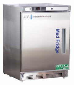AMERICAN BIOTECH SUPPLY Lab Refrigerator: 4.6 cu ft, Undercounter, 2°C to 7°C, 24 1/2 in Overall Dp (MPN PH-ABT-HC-UCBI-0404SS-LH). Key specifications — Door Opening Style: Left; Color: Silver; Alarm Type: Temperature; Manufacturer Part Number: PH-ABT-HC-UCBI-0404SS-LH; Brand: AMERICAN BIOTECH SUPPLY; Product Type: Lab Refrigerator; Door Type: Swing Solid; Refrigerant Type: R-600a.