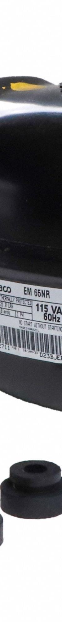 EMBRACO Compressor: Reciprocating, 635 BtuH Cooling, 1/5 hp, 3/16 in Discharge Line Connection Size (MPN EM65NR1). Key specifications — Manufacturer Part Number: EM65NR1; Brand: EMBRACO; Compressor Protection: Hermetic; For Refrigerant Type: R-134A.