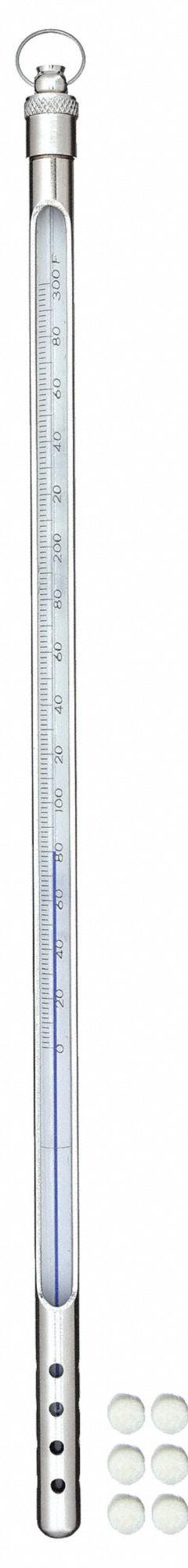 VEE GEE Armored Liquid In Glass Thermometer: 0°F to 300°F, Partial Immersion, 3 in Immersion Dp (MPN 80903E-A). Key specifications — Accuracy: +/-2°F; Brand: VEE GEE; Temperature Units: Fahrenheit.