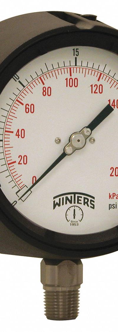 WINTERS Process Pressure Gauge: 0 psi to 30 psi - All-Stainless Steel Wetted Parts & Casing