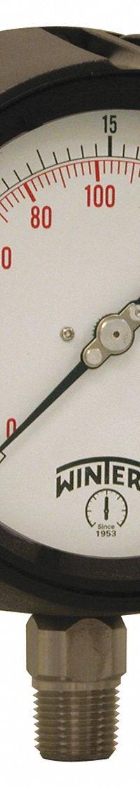WINTERS Process Pressure Gauge: 0 psi to 30 psi, White, 4 1/2 in Dial, 1/2 in NPT Male, Bottom, PPC (MPN PPC5062-SG45). Key specifications — Brand: WINTERS; Pointer Color: Black; Accuracy: ±0.5%; Dial Color: White; Gauge Wetted Parts: Stainless Steel; Case Material: Phenolic; Vibration Resistance Properties: Field-Fillable; Pressure Range: 0 psi to 30 psi.