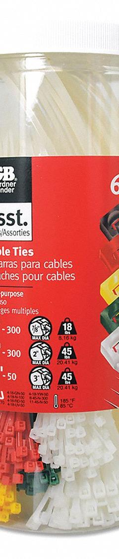 GARDNER BENDER Cable Tie Kit: 650 Pieces, Nylon 6/6, Plastic Pawl Locking, Assorted Colors, 650 PK (MPN 65001). Key specifications — Locking Style: Plastic Pawl; Includes: (50) 4.0 in Yellow; Material: Nylon 6/6; Brand: GARDNER BENDER.