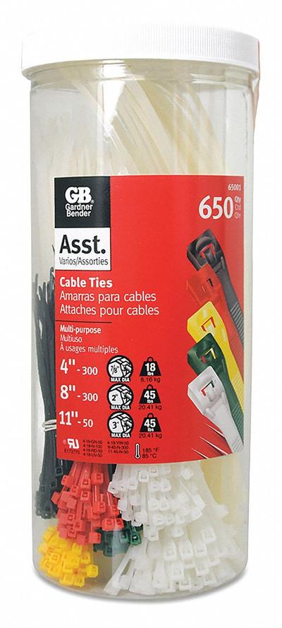 GARDNER BENDER Cable Tie Kit: 650 Pieces, Nylon 6/6, Plastic Pawl Locking, Assorted Colors - Cable Tie Assortment Kits