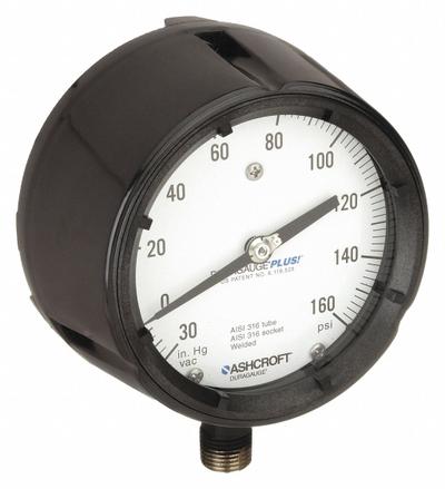 ASHCROFT Panel-Mount Compound Gauge: 0 psi to 160 psi, White, 4 1/2 in Dial, 1/2 in NPT Male - All-Stainless Steel Wetted Parts & Casing