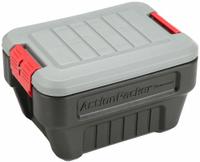 RUBBERMAID Attached Lid Tote: 8 gal, 20 in x 14 1/2 in x 12 in, Black Body, Gray Lid, Plastic (MPN RMAP080000). Key specifications — Material: Plastic; Brand: RUBBERMAID.