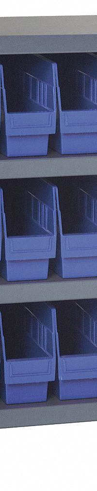 QUANTUM STORAGE SYSTEMS Bin Shelving: 36 in x 18 in x 39 in, 1 Sided, 24 Bins, Open, Shelf Bin, Blue (MPN 1839-SB803BL). Key specifications — Includes Bins: Yes; Bin Material: Polypropylene; Frame Color: Gray; Bin HxWxD: (24) 8 in x 4-3/8 in x 17-7/8 in; Frame Material: Steel; Bin Color: Blue; Bin Style: Shelf; Brand: QUANTUM STORAGE SYSTEMS.