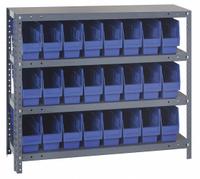 QUANTUM STORAGE SYSTEMS Bin Shelving: 36 in x 18 in x 39 in, 1 Sided, 24 Bins, Open, Shelf Bin, Blue (MPN 1839-SB803BL). Key specifications — Includes Bins: Yes; Bin Material: Polypropylene; Frame Color: Gray; Bin HxWxD: (24) 8 in x 4-3/8 in x 17-7/8 in; Frame Material: Steel; Bin Color: Blue; Bin Style: Shelf; Brand: QUANTUM STORAGE SYSTEMS.