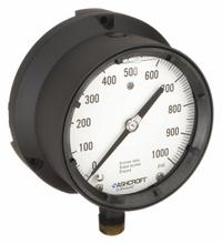 ASHCROFT Process Pressure Gauge: 0 psi to 1,000 psi, White, 4 1/2 in Dial, 1/2 in NPT Male, Bottom (MPN 451379ASL04L1000#). Key specifications — Brand: ASHCROFT; Pointer Color: Black; Accuracy: ±0.5%; Dial Color: White; Gauge Wetted Parts: Brass / Bronze; Case Material: Epoxy-Coated Aluminum; Vibration Resistance Properties: Liquid-Filled; Pressure Range: 0 psi to 1,000 psi.