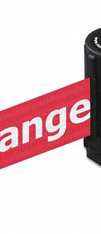 TENSABARRIER Retractable Belt Barrier: Fixed Mounting Plate, 13 ft Belt Lg, Danger Messaging, Red (MPN 891-33-MAX-RI-C). Key specifications — Message Color: White; Frame Color: Black; Brand: TENSABARRIER; Belt Color: Red.