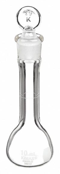 KIMBLE Volumetric Flask: 10 mL, Colorless, Conical, A, +/-0.02 mL, Includes Closure (MPN 28014-10). Key specifications — Shape: Conical; Tolerance: +/-0.02 mL; Body Color: Colorless; Brand: KIMBLE; Compatible with Stopper Size: 9; USP Specification: Type I.