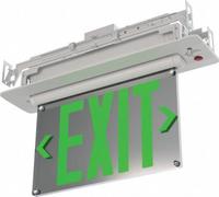 Exit Sign: 2 Faces, Green, Thermoplastic, Removable Chevrons, LED, White, Emergency Battery Backup (MPN BE W G UM M2). Key specifications — Housing Color: White; Brand: LITHONIA LIGHTING; Lighting Technology: LED; Self Diagnostics: No; Housing Material: Thermoplastic; Text Color: Green.