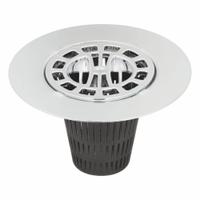 DANCO Cover: Plastic/Stainless Steel, Chrome, 4 1/4 in Overall Dia, 2 1/2 in Overall Ht, Flanged (MPN 9D00010529). Key specifications — Color: Silver; Includes: Extra Basket; Connection Type: Flanged; Material: Stainless Steel.