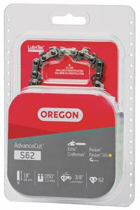 OREGON Chainsaw Chain: 18 in Compatible Bar Lg, 3/8 in, 0.05 in Gauge, 62 Links, 5/32 in File Size (MPN S62). Key specifications — attr977596: OREGON; attr977598: Atlas; attr977603: 3/8 in.