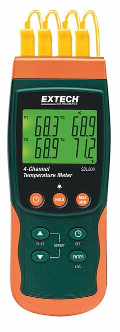 EXTECH Thermocouple Thermometer: For Type E/Type J/Type K/Type R/Type S/Type T Thermocouple Type (MPN SDL200-NIST). Key specifications — Accuracy: ±0.5 % + 2 °F/1 °C (Type R, S); Brand: EXTECH; Thermocouple Temperature Fahrenheit - Maximum: 752 °F (Type T).
