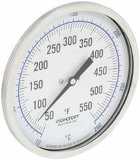 ASHCROFT Dial Thermometer: 50°F to 550°F /10°C to 290°C, ±1% Accuracy, 2.5 in Stem Lg, 5 in Dial Dia (MPN 50EI60R). Key specifications — Accuracy: ±1 %; Brand: ASHCROFT.