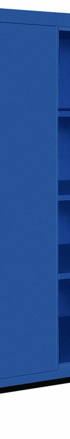 SANDUSKY Shelf Cabinet: Casters, 36 in x 24 in x 72 in, Recessed, Three-Point Locking, 3 Shelves. Key specifications — Door Handle Type: Recessed; Frame Assembled: Assembled; Cabinet Finish: Powder Coated; Cabinet Material: Steel; Base Type: Casters; Cabinet Color: Blue; Shelf Adjustability: (3) Adjustable; Cabinet Storage Components: Shelves.