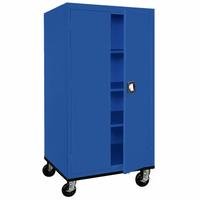 SANDUSKY Shelf Cabinet: Casters, 36 in x 24 in x 72 in, Recessed, Three-Point Locking, 3 Shelves. Key specifications — Door Handle Type: Recessed; Frame Assembled: Assembled; Cabinet Finish: Powder Coated; Cabinet Material: Steel; Base Type: Casters; Cabinet Color: Blue; Shelf Adjustability: (3) Adjustable; Cabinet Storage Components: Shelves.