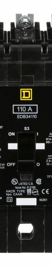SQUARE D Miniature Circuit Breaker: 110 A, 277/480V AC, Three Phase, 18kA at 277/480V AC, 3 Poles (MPN EDB34110). Key specifications — Phase: Three; Amps: 110 A; AC Voltage Rating: 277/480V AC; Max. AIR Rating: 18kA at 277/480V AC; For Use With: Square D NF Panelboards; Brand: SQUARE D.