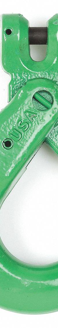 CAMPBELL Self-Locking Hook: 4,300 lb Working Load Limit, 100 Hook Grade, Alloy Steel, Clevis, Green (MPN 5748495). Key specifications — Color: Green; Brand: CAMPBELL; Visual Indicator Markings: None.