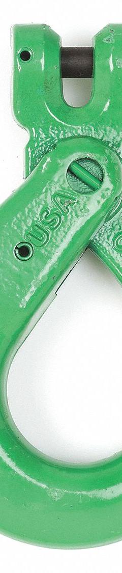 CAMPBELL Self-Locking Hook: 4,300 lb Working Load Limit, 100 Hook Grade, Alloy Steel, Clevis, Green (MPN 5748495). Key specifications — Color: Green; Brand: CAMPBELL; Visual Indicator Markings: None.