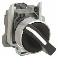 SCHNEIDER Selector Switch: 22 mm Panel Mounting Size, 2 Positions, Short Lever, 1NO, Metallic (MPN XB4BD21). Key specifications — AC Contact Rating: 6 A @ 120 V; Action: Maintained/Maintained; Cam: No Cam Included; DC Contact Rating: 0.1 A @ 600 V; Hazardous Location Specification: Not Rated; Operator Head Material: Plastic; Operator Head Type: Short-Handled Knob; Operator Illumination: Non-Illuminated.