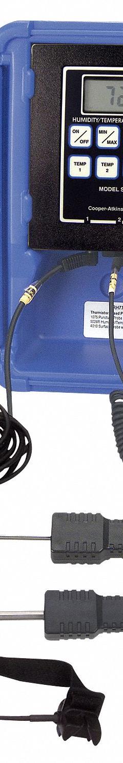 COOPER ATKINS Temperature/Humidity Tester: -40°F to 300°F, 3 Channels (MPN SRH77A-E-032G). Key specifications — Brand: COOPER ATKINS; Accuracy: ±0.3°F or ±0.5% of Reading Whichever is Greater; Testing Functions: Min/Max Temperature.