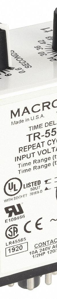 MACROMATIC Single Function Time Delay Relay: Socket Mounted, 240V AC, 10 A, 8 Pins/Terminals (MPN TR-55121-08). Key specifications — Brand: MACROMATIC.
