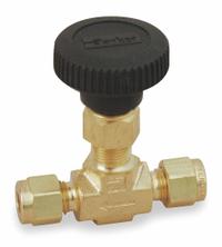 PARKER Needle Valve: Inline Valve Body, Brass, Integral Bonnet, 1/2 in Pipe Size, Compression, PTFE (MPN 8A-V8LN-B). Key specifications — For Media: Oil; Standards: ISA S75.02; Brand: PARKER; Valve Series: V; Stem Type: Regulating; Connection Type - Side 1: Compression; Connection Type - Side 2: Compression; Connection Type: Compression x Compression.