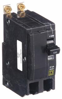 SQUARE D Miniature Circuit Breaker: 100 A, 120/240V AC, Single Phase, 22kA at 120/240V AC, 2 Poles (MPN QOB2100VH). Key specifications — Phase: Single; Amps: 100 A; AC Voltage Rating: 120/240V AC; Max. AIR Rating: 22kA at 120/240V AC; For Use With: Square D NQOD Panelboards; Brand: SQUARE D.