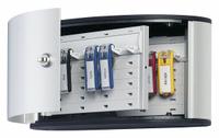 Key Box: 12 Key Capacity, Single Key Lock, Aluminum, Gray, 6 1/4 in Ht, 11 7/8 in Wd, 4 5/8 in Dp (MPN 196023). Key specifications — Brand: DURABLE; Finish: Brushed Aluminum; Includes Key Tags: Includes Key Tags; Includes Mounting Hardware: Mounting Hardware Included; Color: Gray; Mounting Location: Wall; Material: Aluminum.