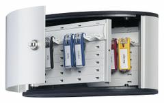 Key Box: 12 Key Capacity, Single Key Lock, Aluminum, Gray, 6 1/4 in Ht, 11 7/8 in Wd, 4 5/8 in Dp (MPN 196023). Key specifications — Brand: DURABLE; Finish: Brushed Aluminum; Includes Key Tags: Includes Key Tags; Includes Mounting Hardware: Mounting Hardware Included; Color: Gray; Mounting Location: Wall; Material: Aluminum.
