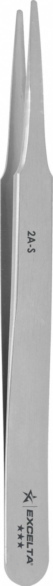 EXCELTA Tweezers: Stainless Steel, Round, Straight Tip, 0.008 in Tip Thick (MPN 2A-S). Key specifications — attr1002355: Stainless Steel; attr1002345: EXCELTA; attr1002348: Stainless Steel; attr1002358: Smooth; attr1002361: 2A-S; attr1024781: Standard.