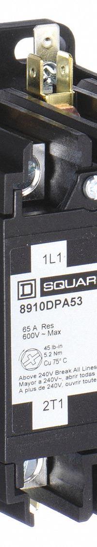 SQUARE D Definite Purpose Magnetic Contactor: 3 Poles, 277V AC, 60 A, Non-Reversing (MPN 8910DPA63V04). Key specifications — Brand: SQUARE D; Coil Voltage: 277V AC; Contactor Style: HVACR Definite Purpose Contactor; Terminal Connection Type: Quick-Disconnect Terminals; Maximum Voltage Rating: 600V AC; Series: 8910 Series Type DPA; Phase: Three; Main Pole Contact Form: 3NO.