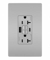 USB Receptacle: Duplex, 5-20R, 2 USB Ports, USB Type A/C, Gray, 125V AC, 20 A, GFCI (MPN 2097TRUSBACGRY). Key specifications — Brand: LEGRAND.