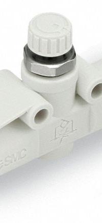 SMC Speed Control Valve: In-Line Fitting, Hex Screw, 1/8 in Valve Body Size, 4 mm Tube, Meter In (MPN AS2002F-04). Key specifications — attr947203: Brass/PBT; attr947205: SMC.